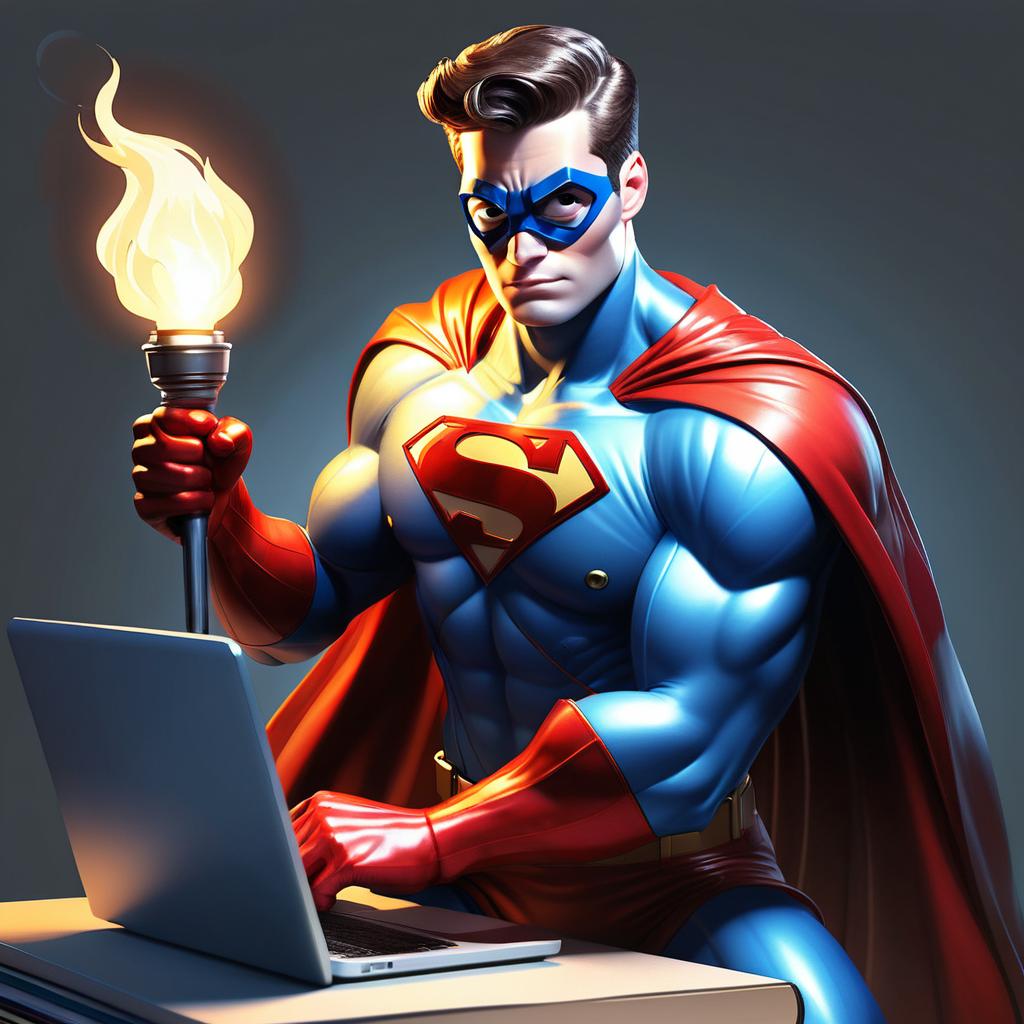A visual representation of a superhero holding a laptop or a torch, representing the idea of online help as a "secret weapon" coming to the rescue of students facing overwhelming assignments.
