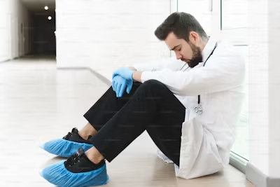 a worn out male nurse sitting on the floor in the hallway with his head down